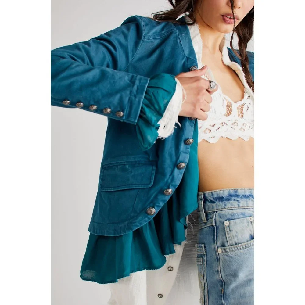 🎉LAST CHANCE🎉 FREE PEOPLE Ruffles Romance Jacket / Teal Jewel - Picture 3 of 6